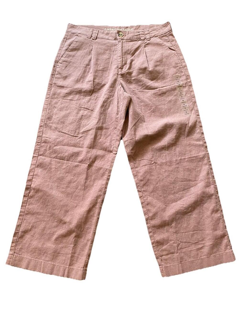 American Eagle Size 6R Linen Blend Stovepipe Crop Pleated Pant Mauve